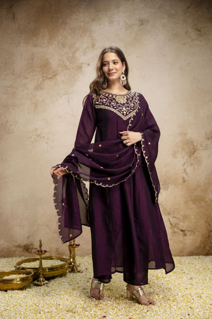 Pure Vichitra Silk Sequence Coding Embroidered Gown Set with Dupatta