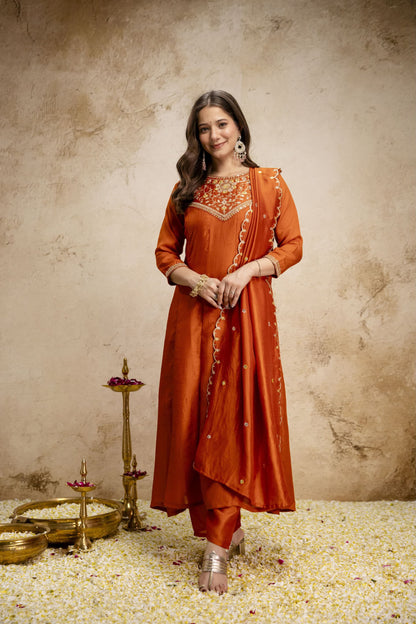 Pure Vichitra Silk Sequence Coding Embroidered Gown Set with Dupatta