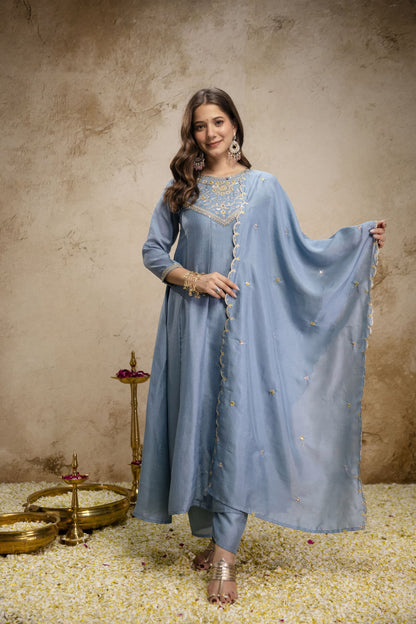 Pure Vichitra Silk Sequence Coding Embroidered Gown Set with Dupatta