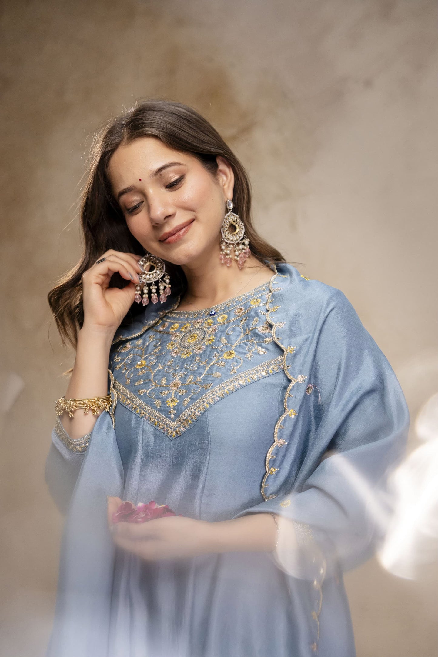 Pure Vichitra Silk Sequence Coding Embroidered Gown Set with Dupatta