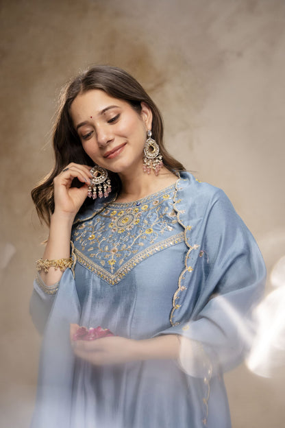Pure Vichitra Silk Sequence Coding Embroidered Gown Set with Dupatta