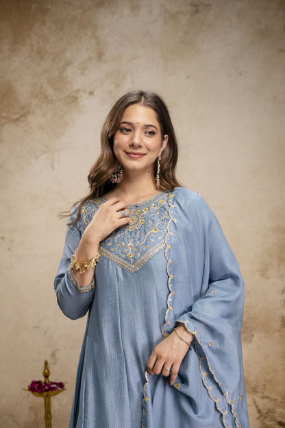 Pure Vichitra Silk Sequence Coding Embroidered Gown Set with Dupatta