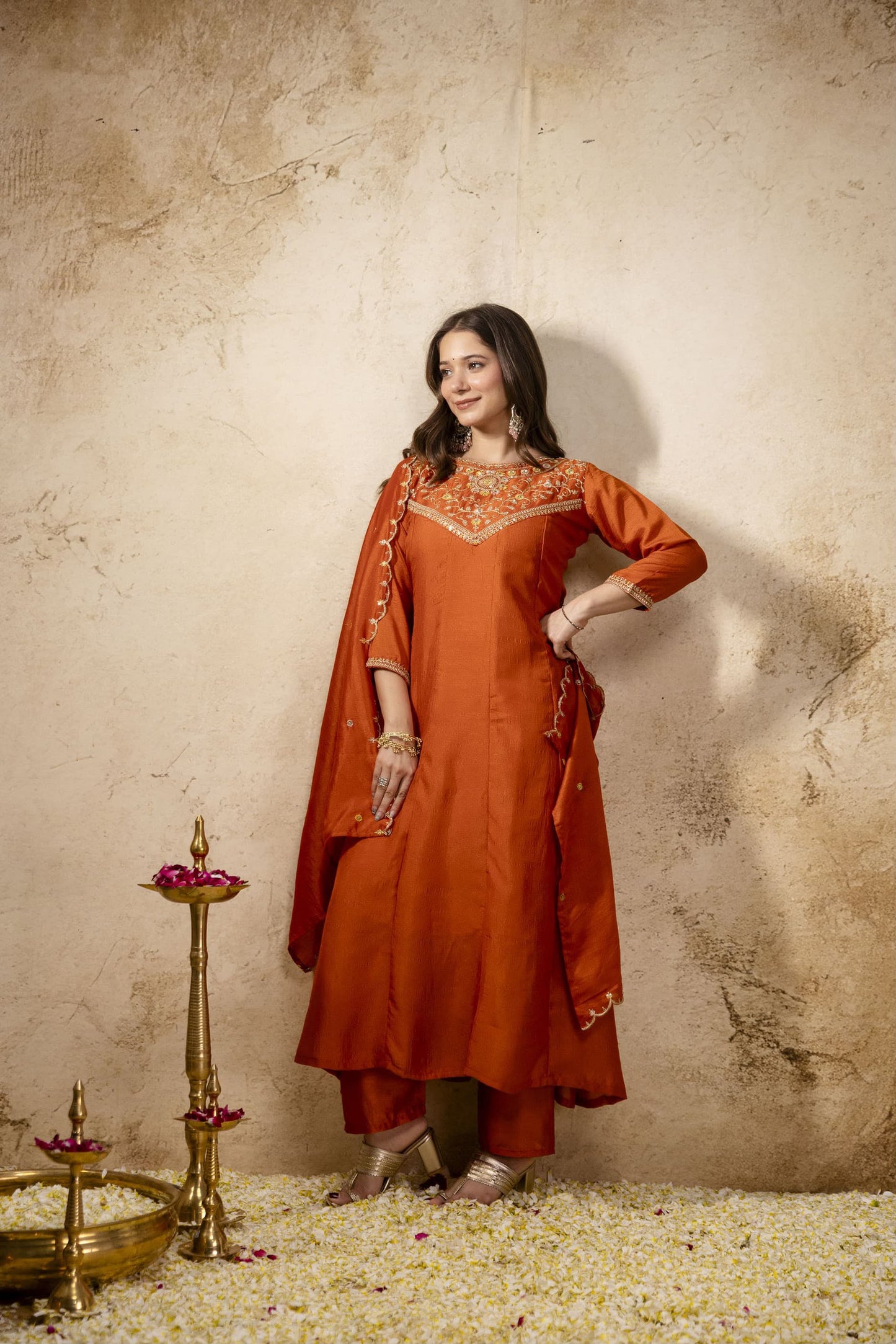 Pure Vichitra Silk Sequence Coding Embroidered Gown Set with Dupatta
