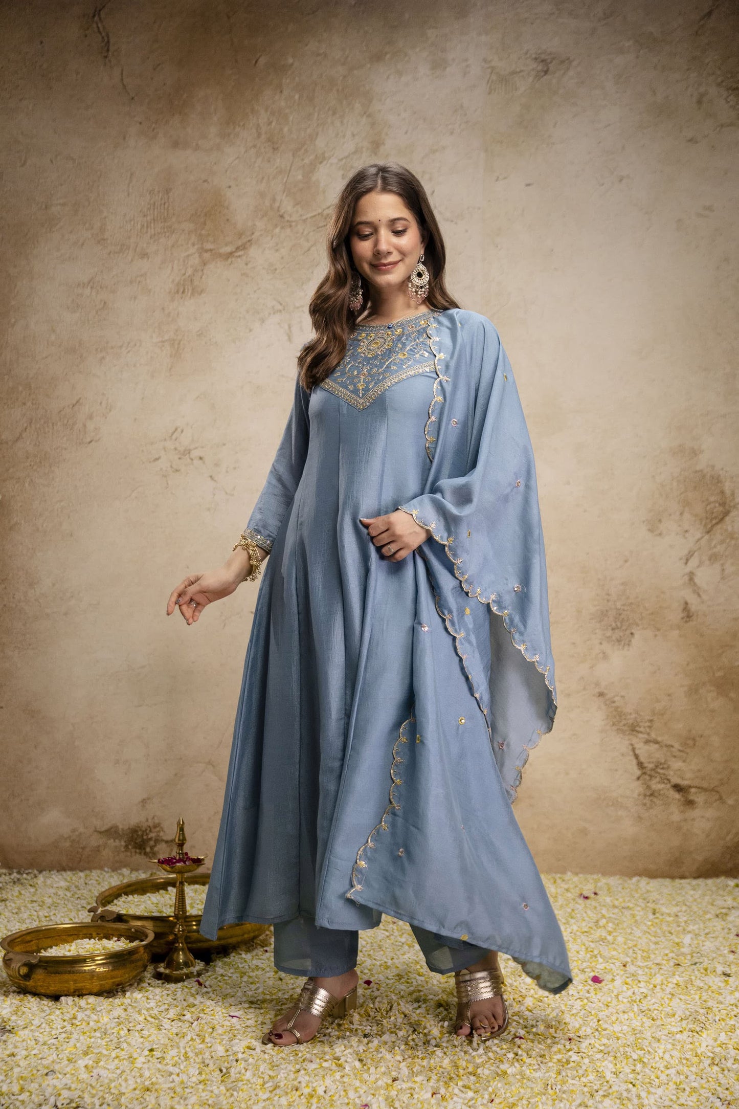 Pure Vichitra Silk Sequence Coding Embroidered Gown Set with Dupatta