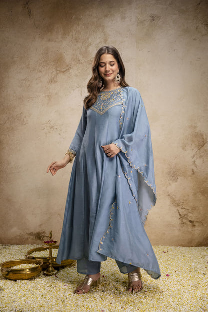 Pure Vichitra Silk Sequence Coding Embroidered Gown Set with Dupatta