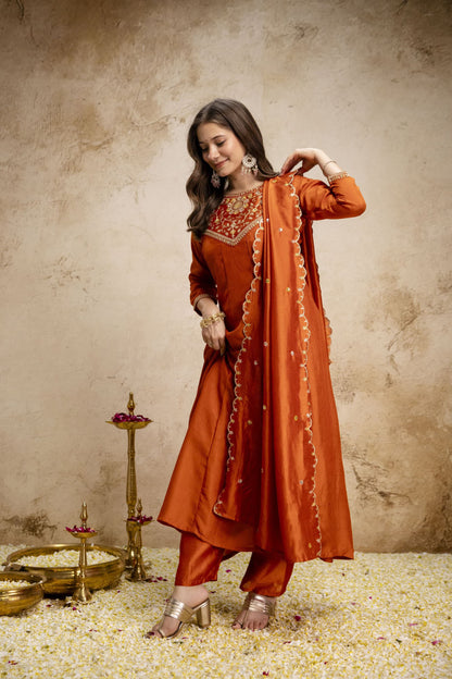 Pure Vichitra Silk Sequence Coding Embroidered Gown Set with Dupatta