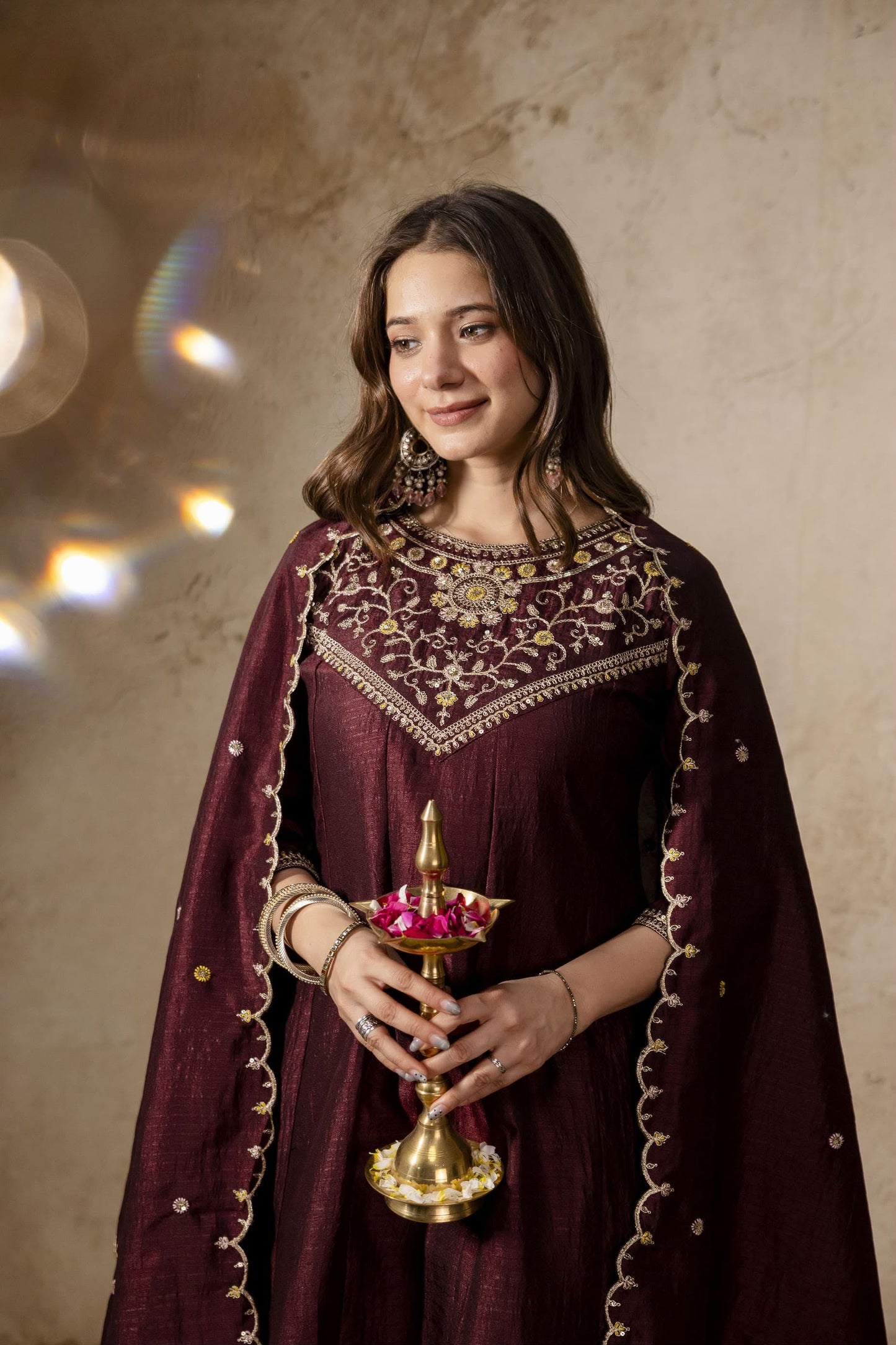 Pure Vichitra Silk Sequence Coding Embroidered Gown Set with Dupatta