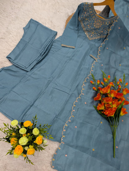 Pure Vichitra Silk Sequence Coding Embroidered Gown Set with Dupatta
