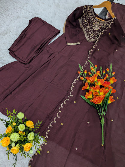 Pure Vichitra Silk Sequence Coding Embroidered Gown Set with Dupatta
