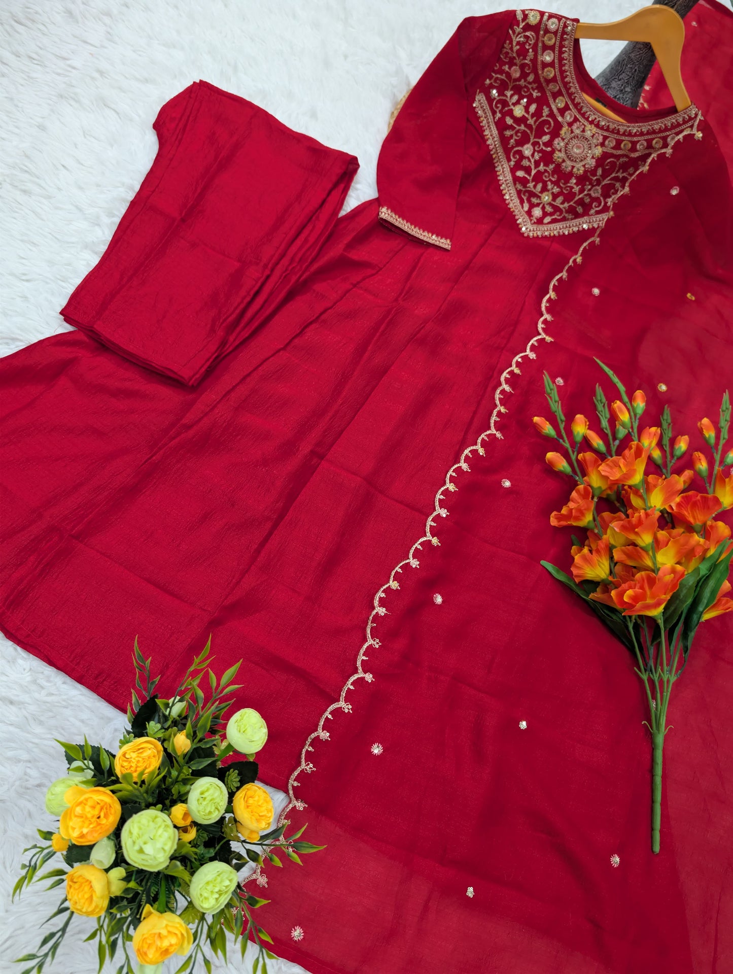 Pure Vichitra Silk Sequence Coding Embroidered Gown Set with Dupatta