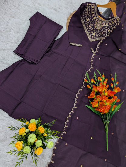Pure Vichitra Silk Sequence Coding Embroidered Gown Set with Dupatta
