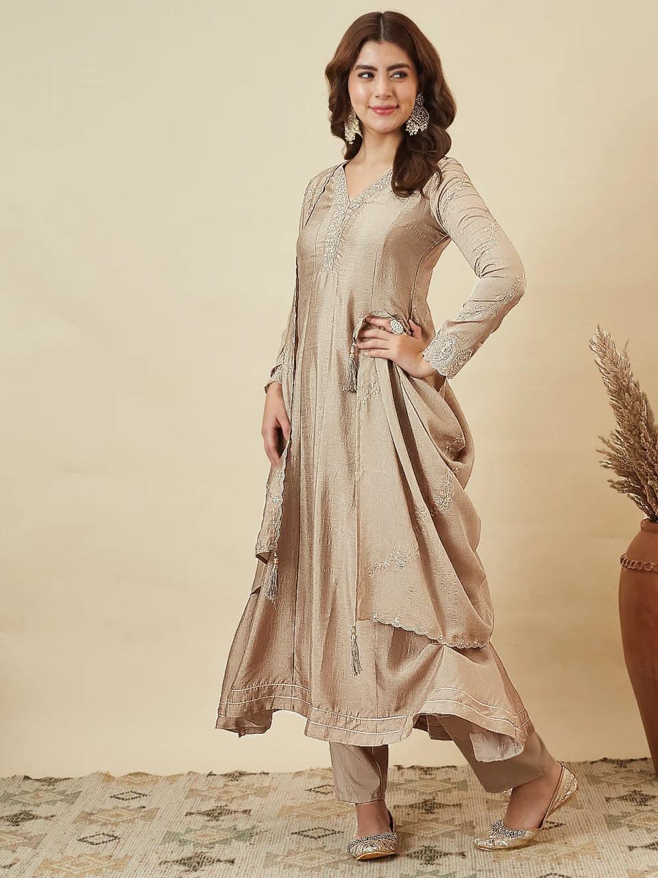 Vichitra Silk Embroidered Anarkali Kurti Set with Pant & Dupatta