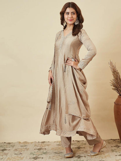 Vichitra Silk Embroidered Anarkali Kurti Set with Pant & Dupatta
