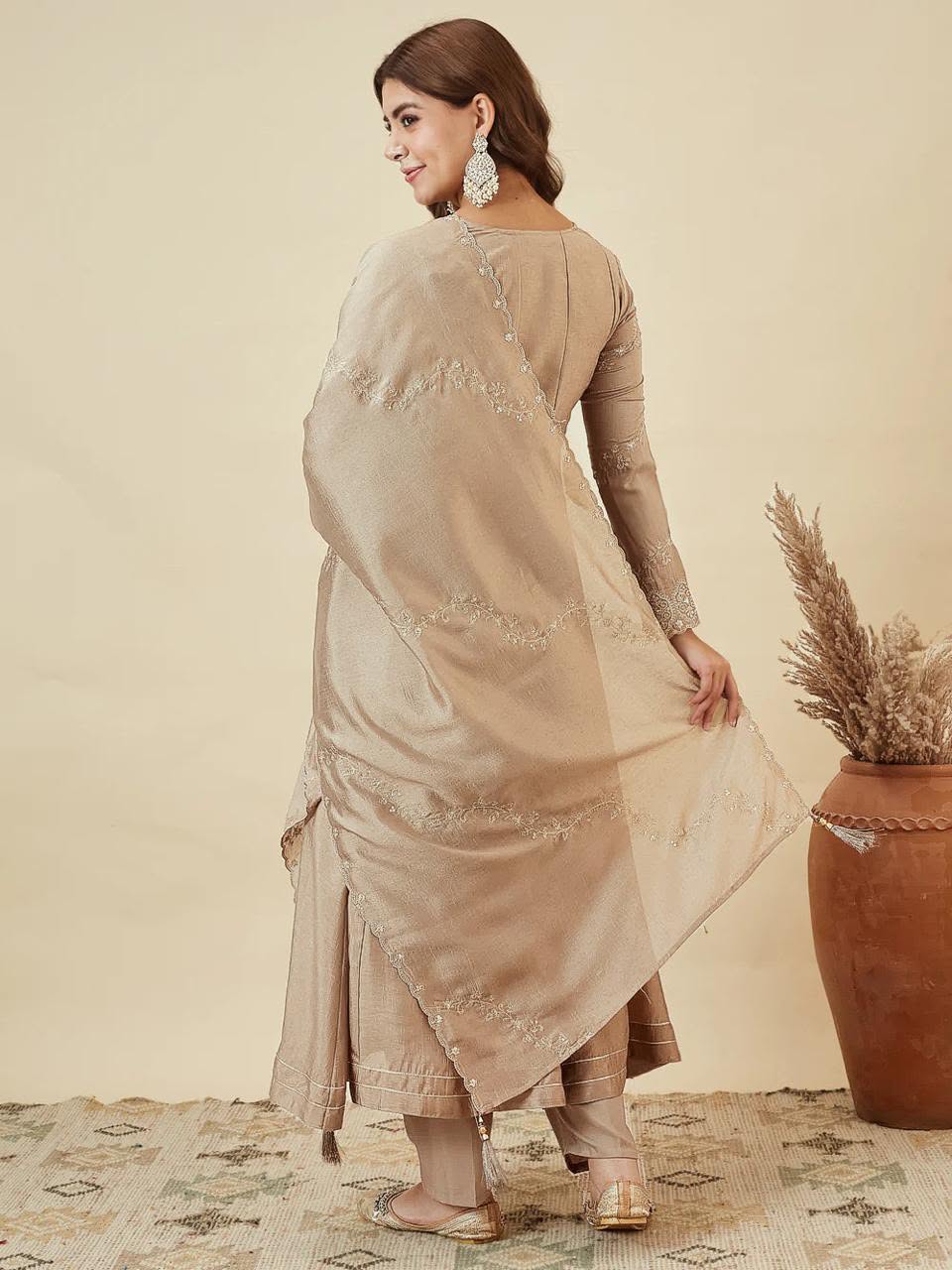 Vichitra Silk Embroidered Anarkali Kurti Set with Pant & Dupatta