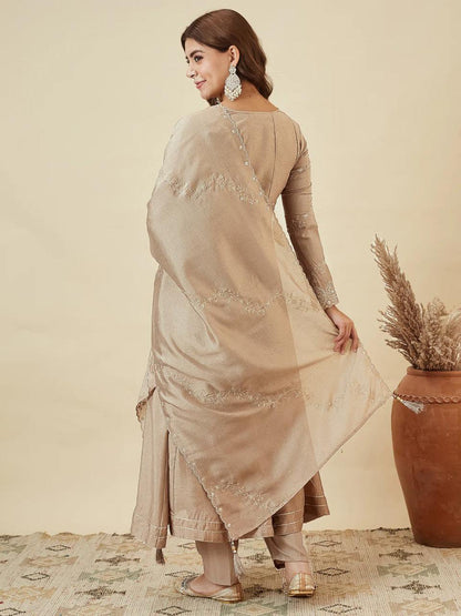 Vichitra Silk Embroidered Anarkali Kurti Set with Pant & Dupatta