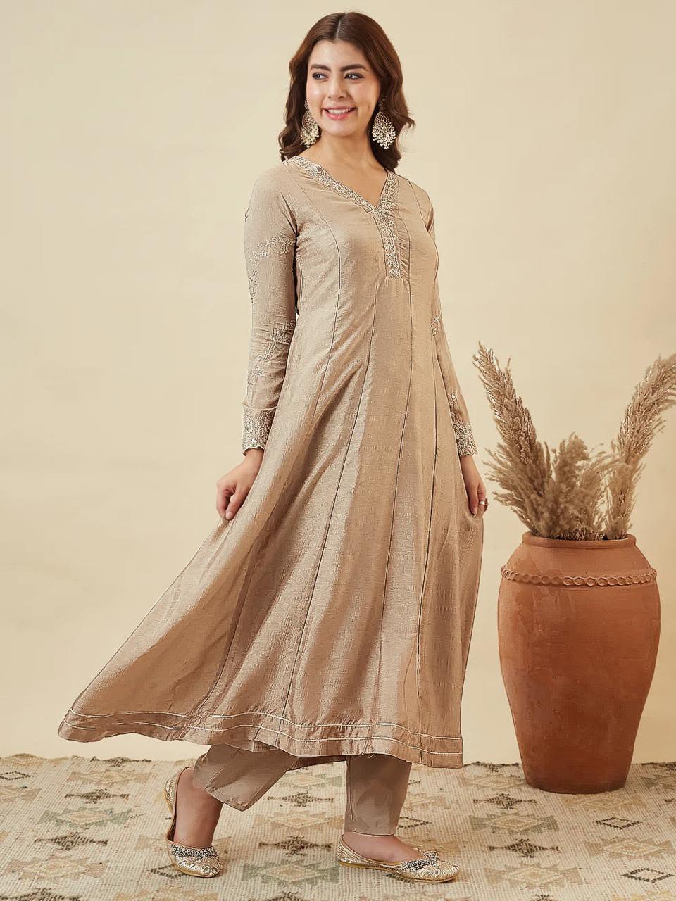 Vichitra Silk Embroidered Anarkali Kurti Set with Pant & Dupatta