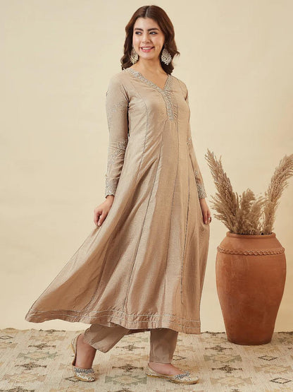 Vichitra Silk Embroidered Anarkali Kurti Set with Pant & Dupatta
