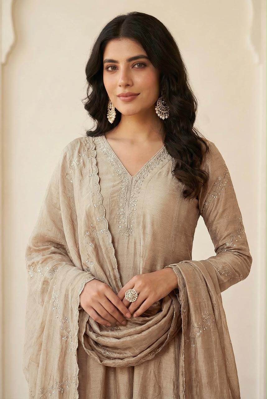 Vichitra Silk Embroidered Anarkali Kurti Set with Pant & Dupatta