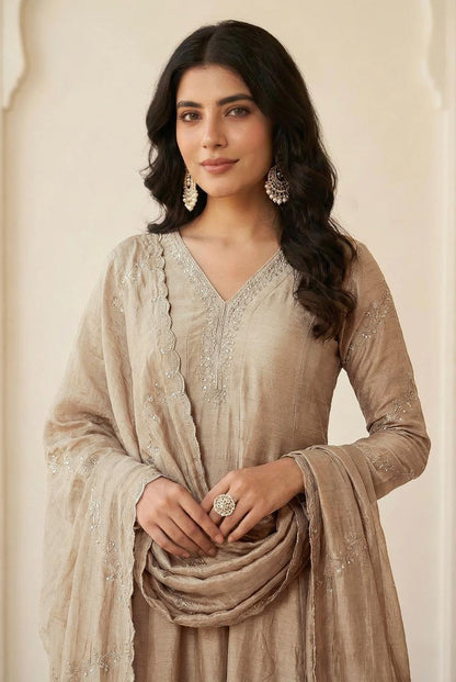 Vichitra Silk Embroidered Anarkali Kurti Set with Pant & Dupatta