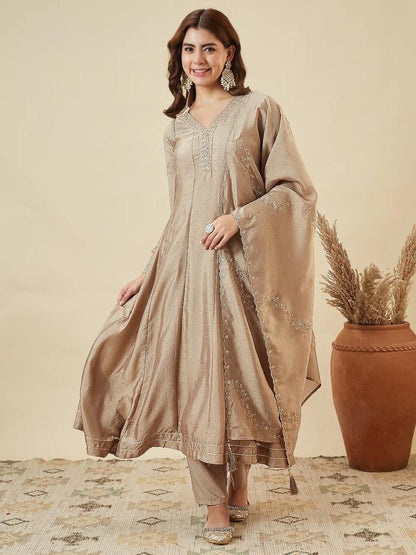 Vichitra Silk Embroidered Anarkali Kurti Set with Pant & Dupatta
