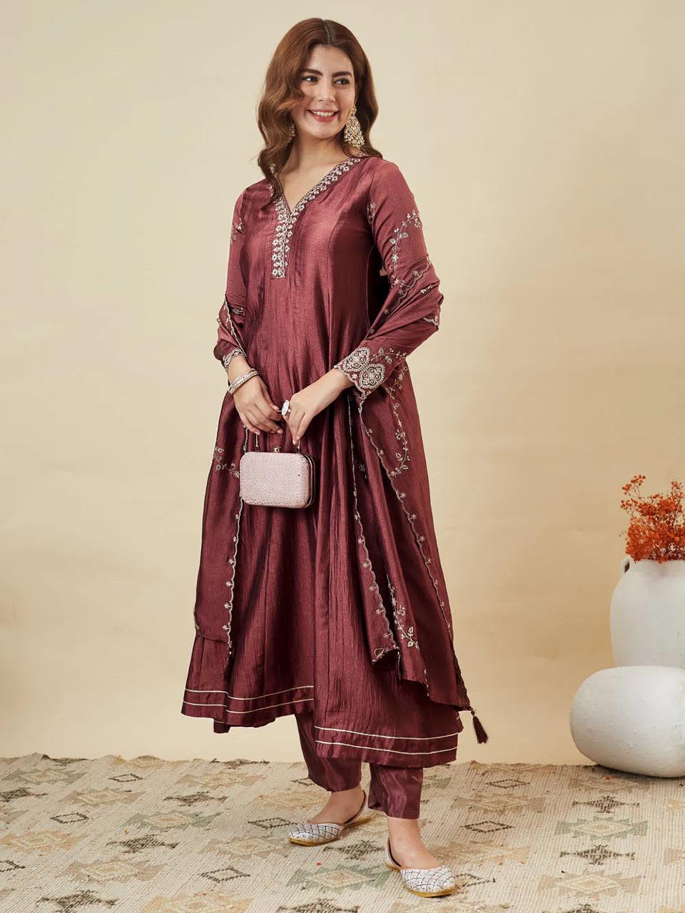 Vichitra Silk Embroidered Anarkali Kurti Set with Pant & Dupatta