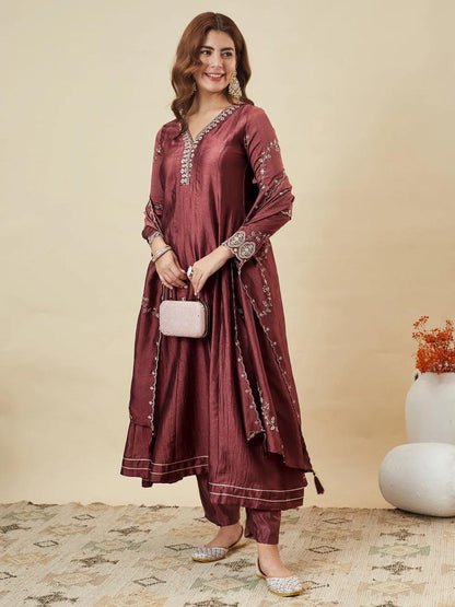 Vichitra Silk Embroidered Anarkali Kurti Set with Pant & Dupatta