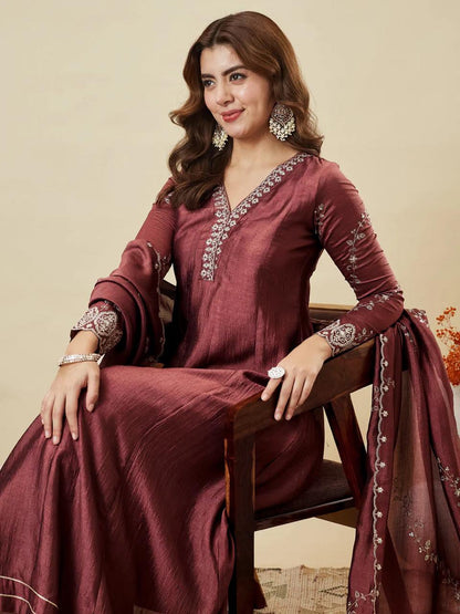 Vichitra Silk Embroidered Anarkali Kurti Set with Pant & Dupatta