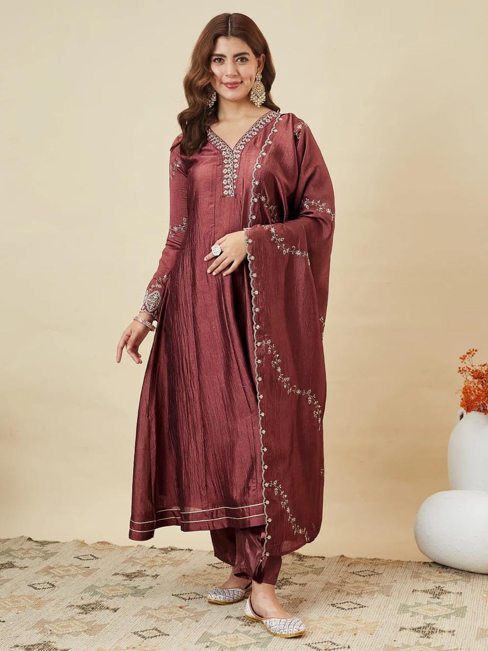 Vichitra Silk Embroidered Anarkali Kurti Set with Pant & Dupatta