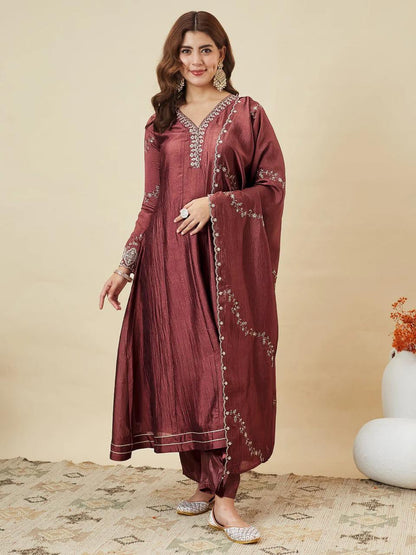 Vichitra Silk Embroidered Anarkali Kurti Set with Pant & Dupatta
