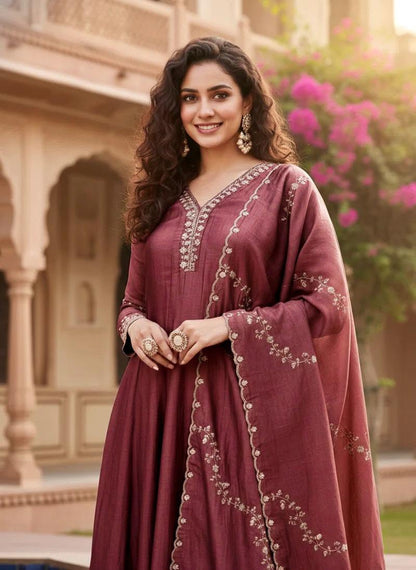 Vichitra Silk Embroidered Anarkali Kurti Set with Pant & Dupatta