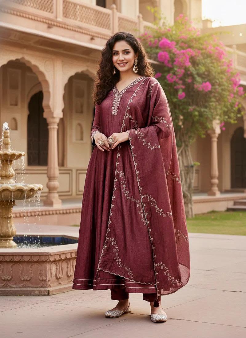 Vichitra Silk Embroidered Anarkali Kurti Set with Pant & Dupatta
