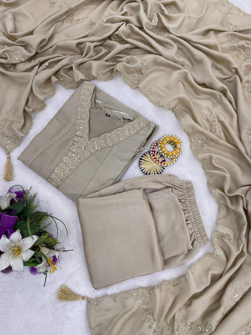 Vichitra Silk Embroidered Anarkali Kurti Set with Pant & Dupatta