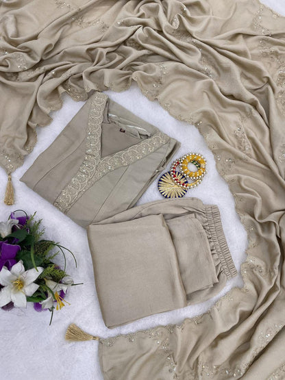Vichitra Silk Embroidered Anarkali Kurti Set with Pant & Dupatta