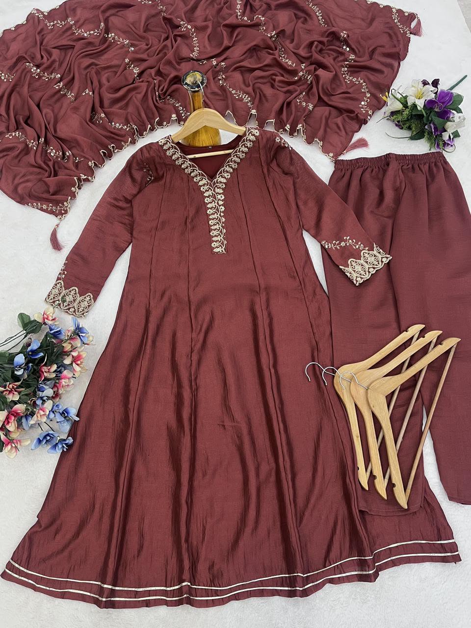 Vichitra Silk Embroidered Anarkali Kurti Set with Pant & Dupatta