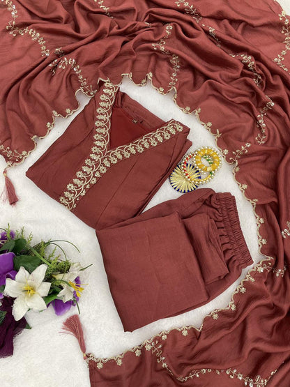 Vichitra Silk Embroidered Anarkali Kurti Set with Pant & Dupatta