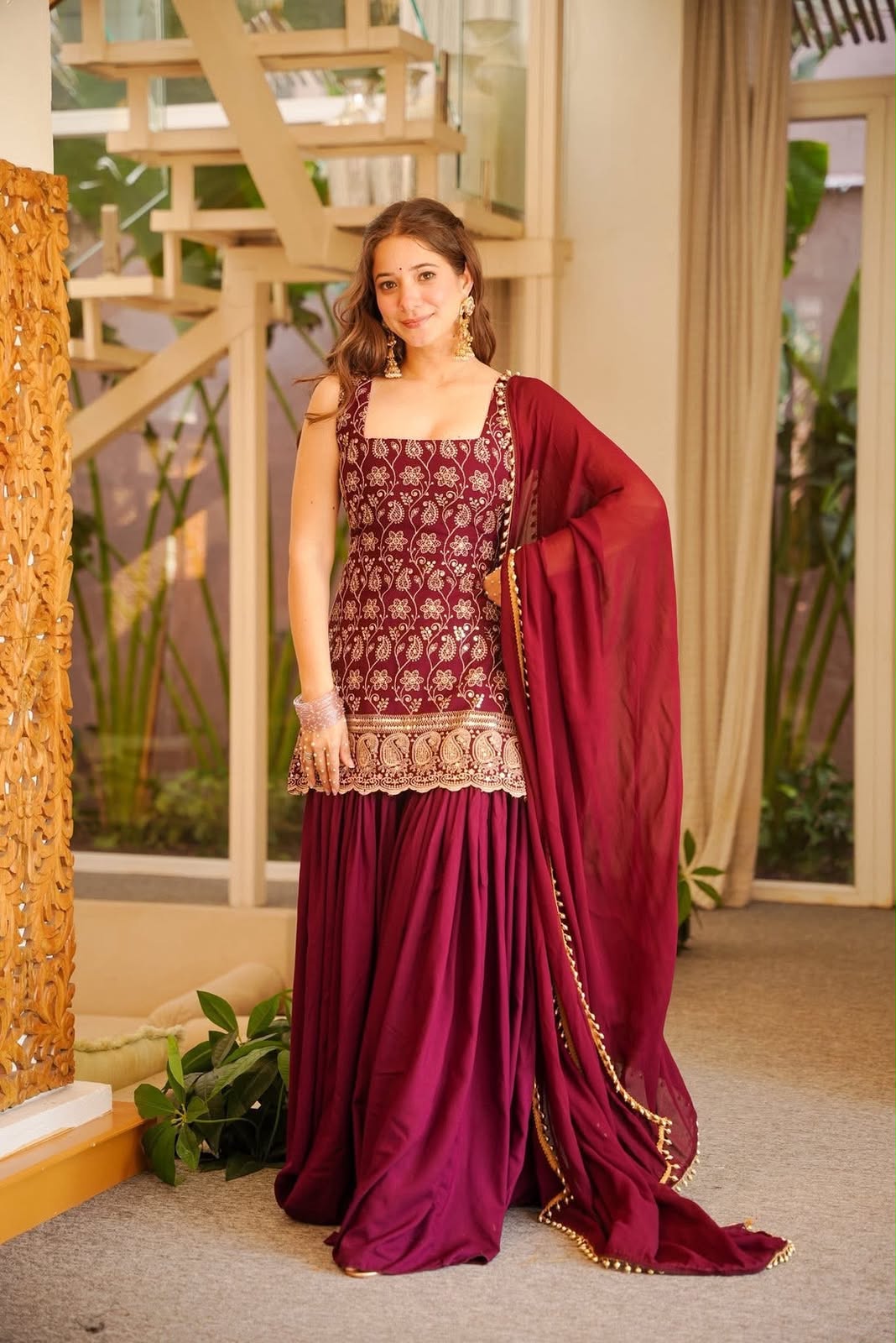 Heavy Faux Georgette Embroidered Suit Set with Palazzo & Dupatta