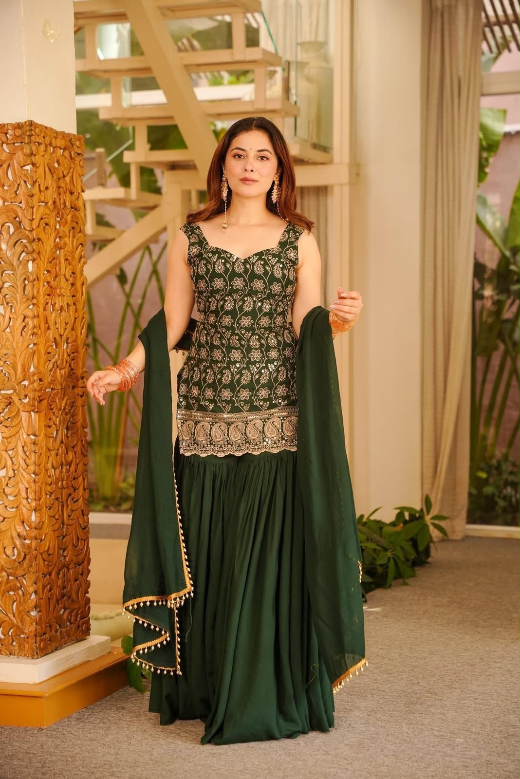 Heavy Faux Georgette Embroidered Suit Set with Palazzo & Dupatta