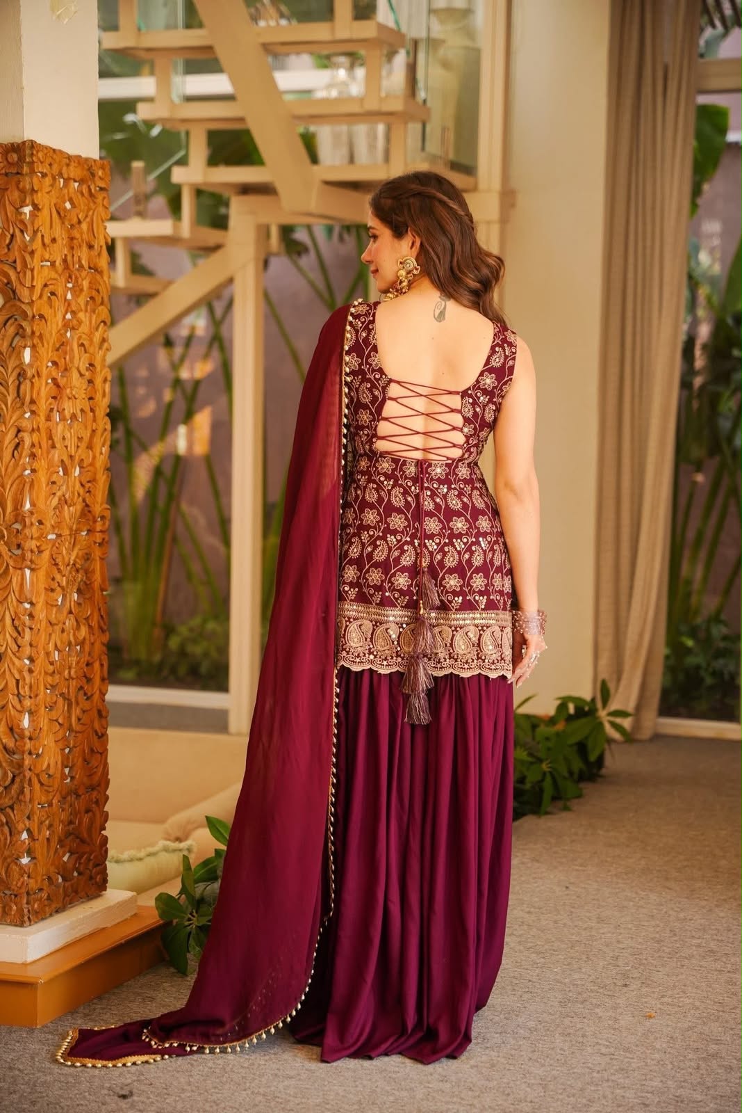 Heavy Faux Georgette Embroidered Suit Set with Palazzo & Dupatta