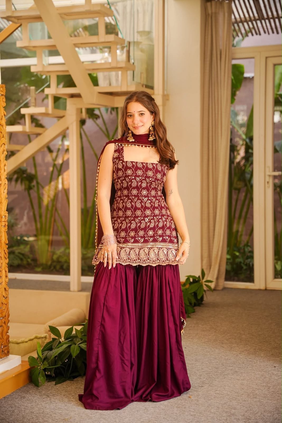 Heavy Faux Georgette Embroidered Suit Set with Palazzo & Dupatta