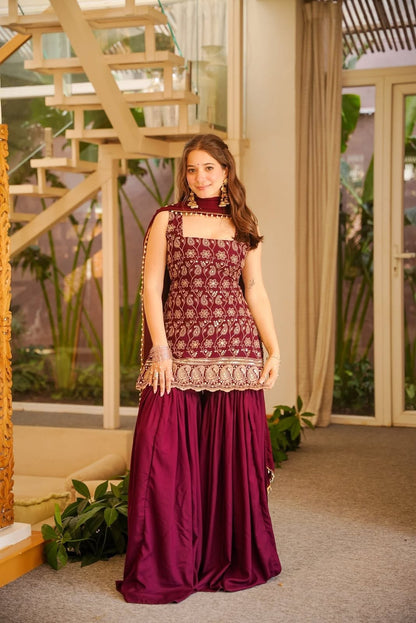Heavy Faux Georgette Embroidered Suit Set with Palazzo & Dupatta