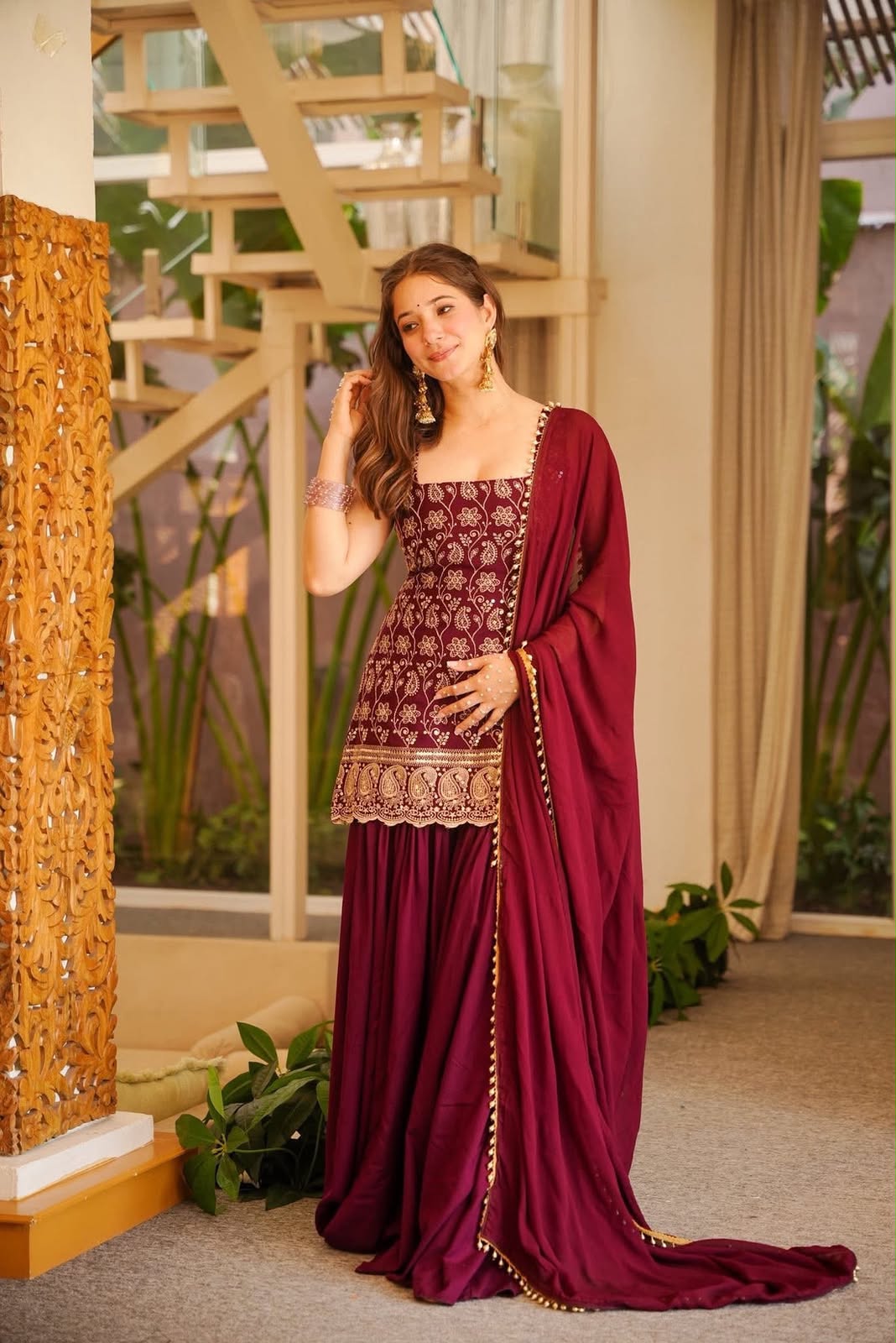 Heavy Faux Georgette Embroidered Suit Set with Palazzo & Dupatta