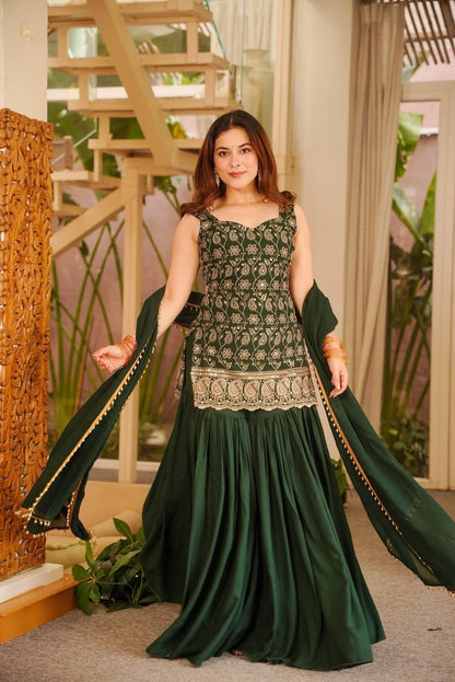 Heavy Faux Georgette Embroidered Suit Set with Palazzo & Dupatta