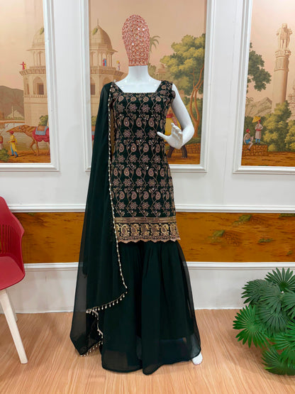 Heavy Faux Georgette Embroidered Suit Set with Palazzo & Dupatta