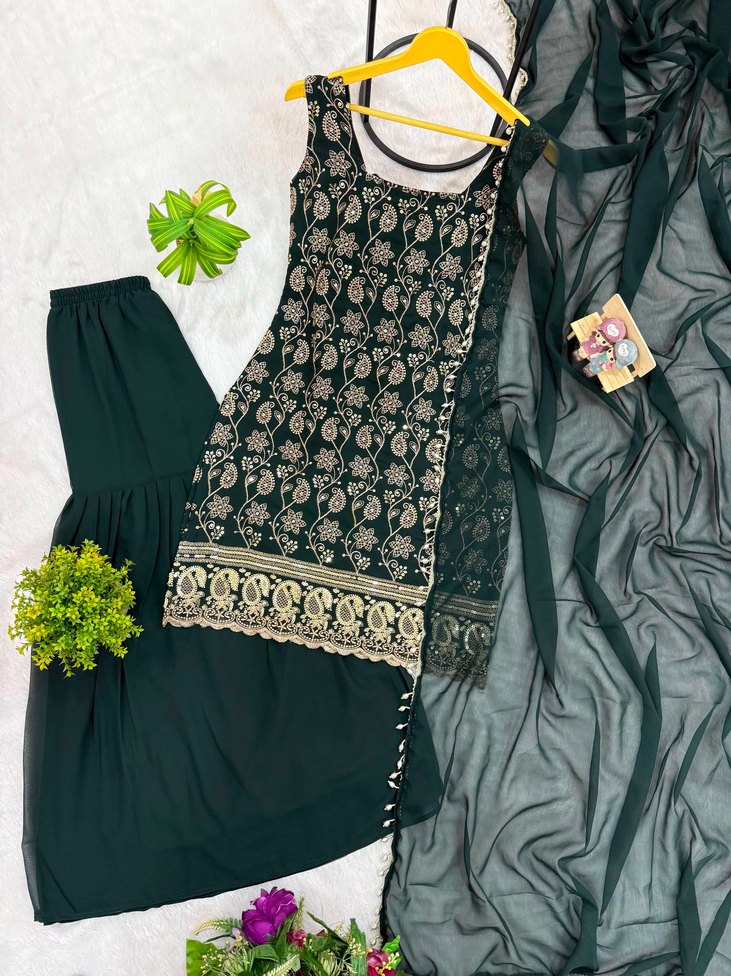 Heavy Faux Georgette Embroidered Suit Set with Palazzo & Dupatta