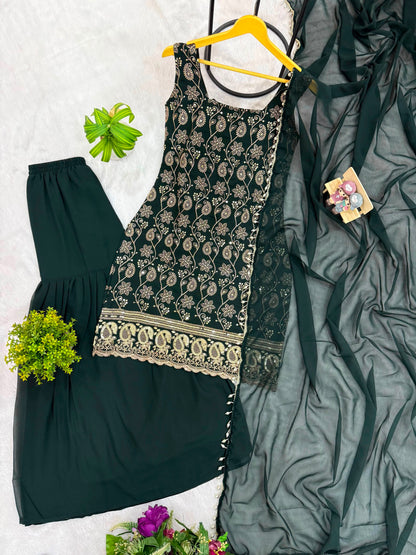 Heavy Faux Georgette Embroidered Suit Set with Palazzo & Dupatta