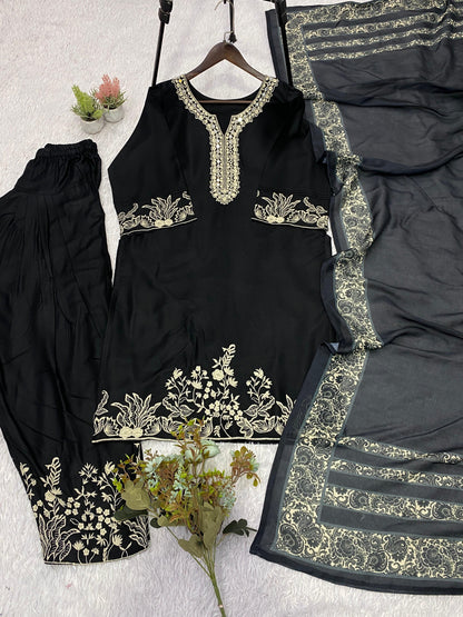 Heavy Faux Georgette Embroidered Suit Set with Palazzo & Dupatta
