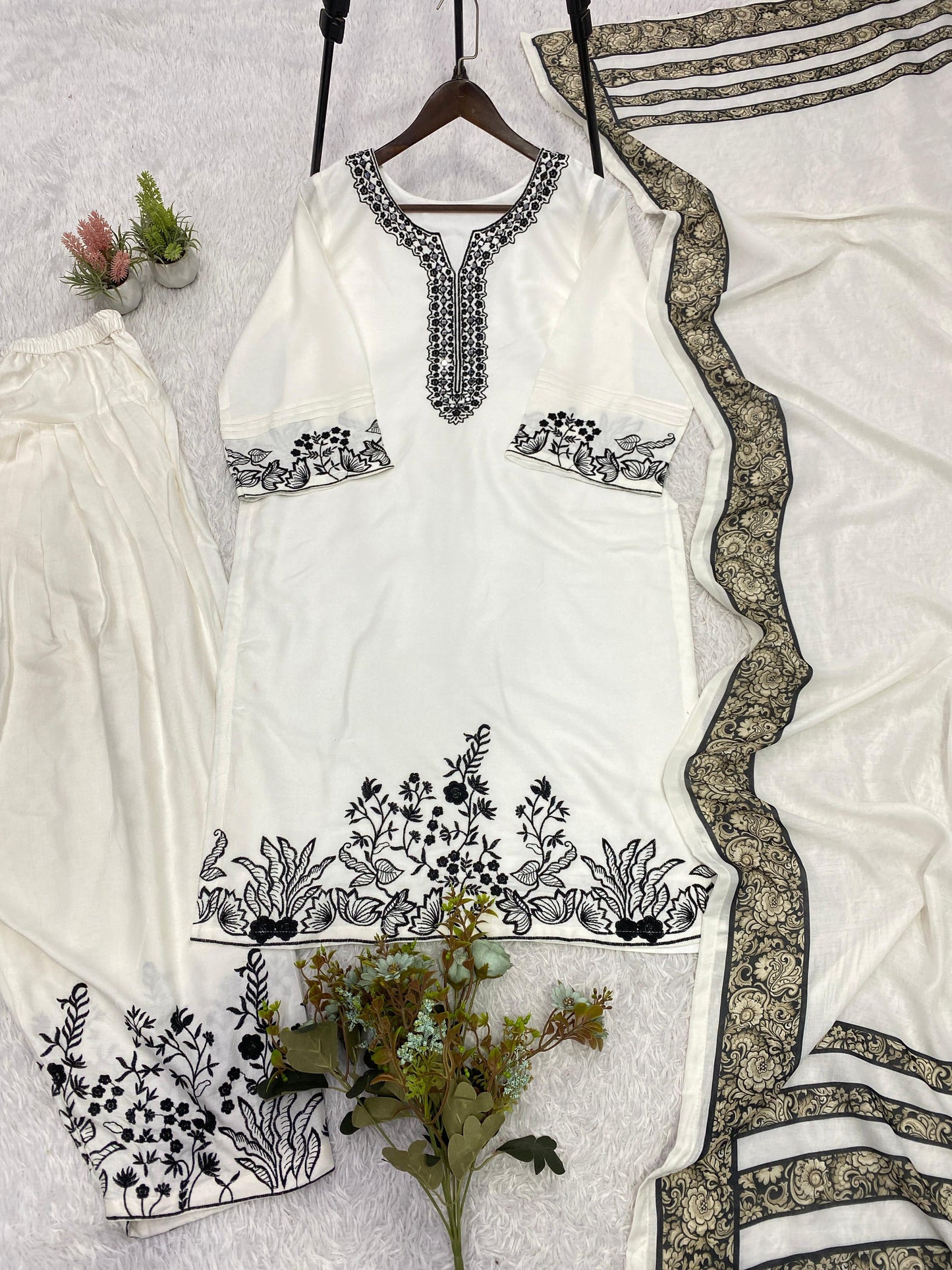 Heavy Faux Georgette Embroidered Suit Set with Palazzo & Dupatta