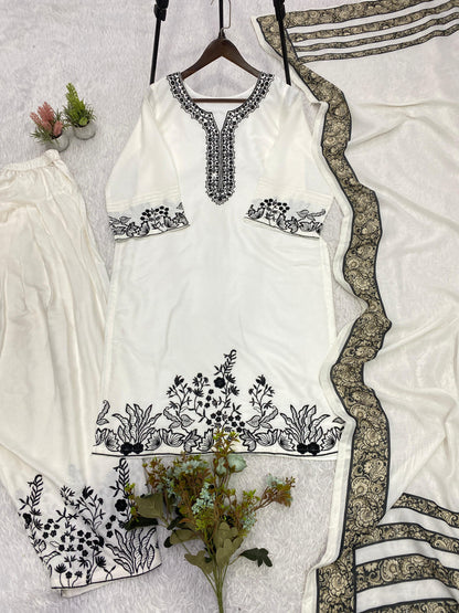 Heavy Faux Georgette Embroidered Suit Set with Palazzo & Dupatta