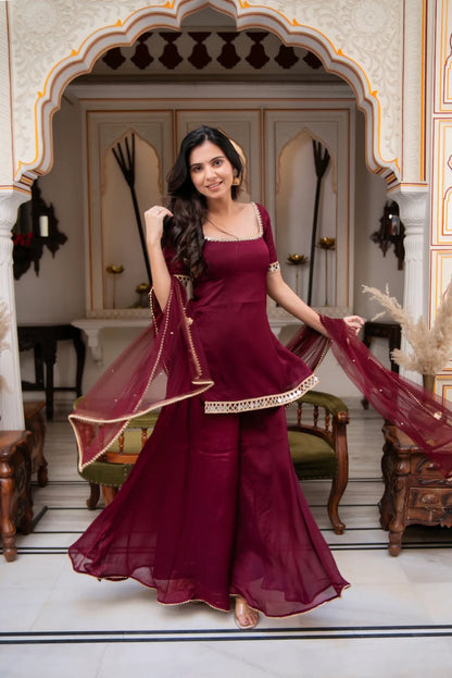 Heavy Faux Georgette Real Mirror Work Suit Set with Palazzo & Dupatta