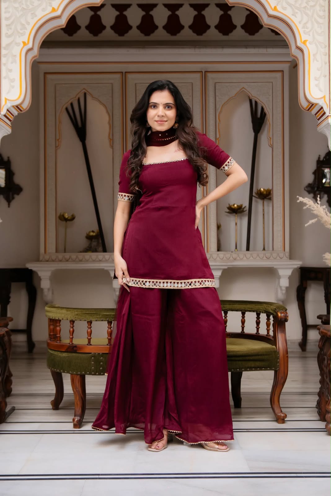 Heavy Faux Georgette Real Mirror Work Suit Set with Palazzo & Dupatta